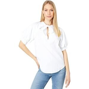 NWT Bishop + Young White Short Smocked Sleeve Tie Neck Harper Top Womens Size XS